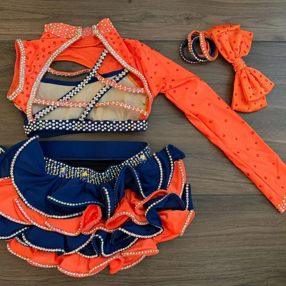 Kids Dance Costume Set - Navy & Orange Sparkle Two-Piece